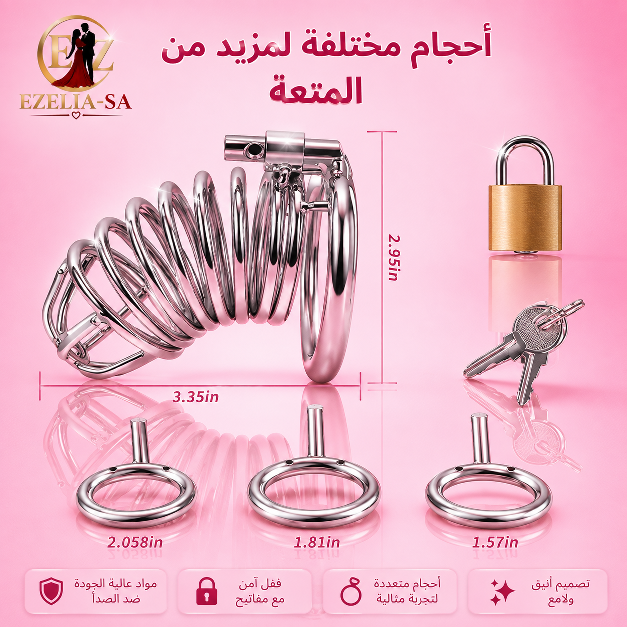 قفل قضيب استيل | قفص العفة فاخر مع قفل نحاسي ومفاتيح – متجر EZELIA-SA